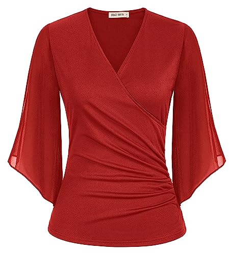 GRACE KARIN Camisa de Mujer de Verano, Elegante, de Gasa, con Cuello en V, Mangas 3/4 Tipo murciélago, túnica Vintage, Talla S, roja