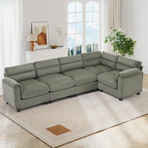HAOMARKETS 115" Wide Modular Sectional L Shaped Corner Sofa Couch, Corduroy Fabric 5-Seater Couches with Thick Cushion and Rolled Arm for Living Room, Green