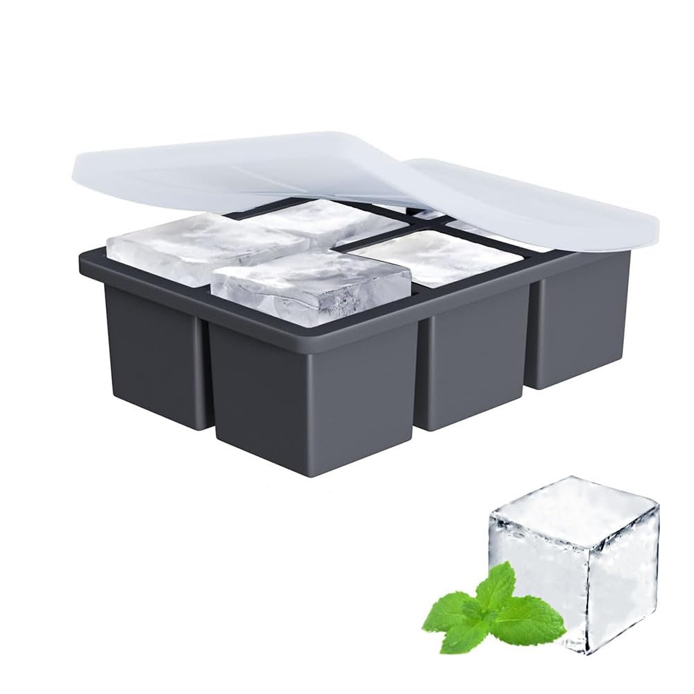 X spring Ice Cube Trays, Reusable Silicone Ice Cube Tray with Lid, 6 Large Square Ice Cube Trays, Ice Trays for Freezer, Easy Release Ice Cube Mold for Whiskey, Cocktails, And Mixed Drinks
