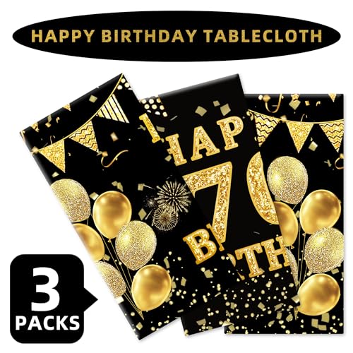 Image of Labeol 3 Pack 70th Birthday Tablecloth, Black and Gold Happy 70th Birthday Decorations, Disposable Plastic Rectangular Table Cover Party Supplies for Men Women