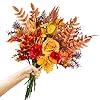 Artificial Fall Flowers Bouquets 216 Autumn Fake Silk Orange Flowers Wedding Bouquets with Fall Florals Stems for Bridal Bridesmaid Rustic Home Thanksgiving Table Centerpiece Decor