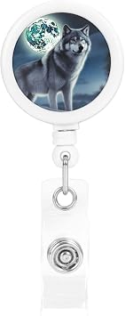 Badge Reels Retractable Badge Holder Wolf Under Moon Heavy Duty Batch Holder Name ID Badge Clips for Office Worker Doctor Nurse ID Badge Reel with Belt Clip Keychain