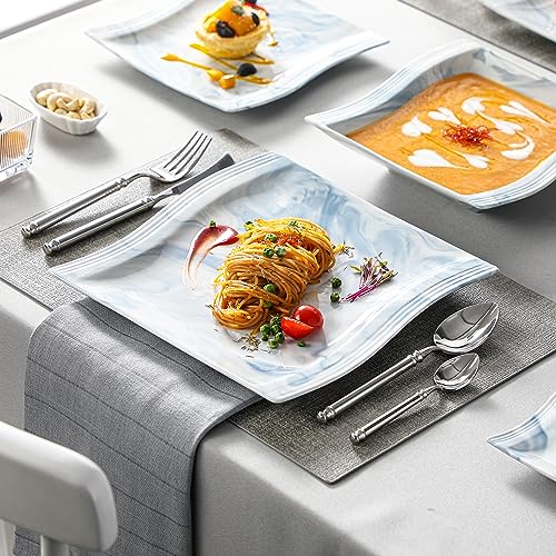 Image of MALACASA Dinnerware Sets for 6, 30 Piece Porcelain Plates and Bowls Sets, Square Dish Set with Dinner Plate and Bowl, Cup and Saucer, Blue Dishes Dinnerware Set, Modern Dishware Sets, Series Flora