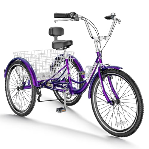 Barbella Adult Tricycle 7 Speed 3 Wheel Bike Adult Trikes, Three-Wheeled Bicycles Cruise Trike with Basket for Seniors, Women, Men for Recreation Shopping (24", Rose Purple)
