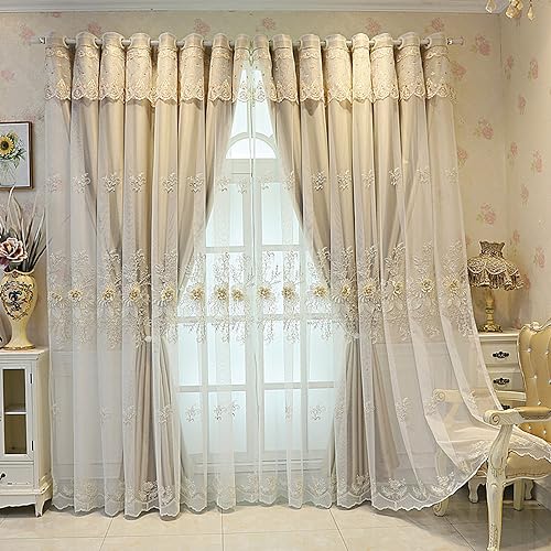 Amidoudou 1 Pair Luxury European Curtains with Valance for Living Room Bedroom Double Layer Embroidered Room Darkening Curtains (Light Brown,51x95 Inch) by Amidoudou - Used condition - Image 2