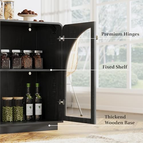 Image of Sideboard Buffet Cabinet with Storage, 68 inch Black Credenza Accent Cabinet Buffet Table w /4 Arched Glass Doors & LED Light, Modern Coffee Bar Liquor Cabinet w /2 Shelves for Kitchen Entryway