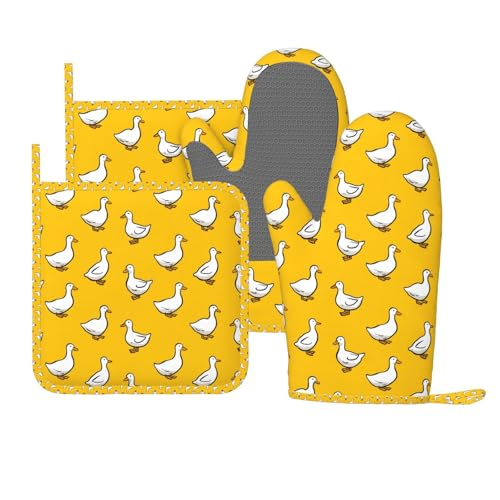 Oven Mitts and Pot Holders Set, Yellow Duck Pattern Silicone Kitchen Accessories 4 Piece Heat Resistant Long Gloves Potholder Non-Slip Grip for Chef Cooking Baking Grilling BBQ