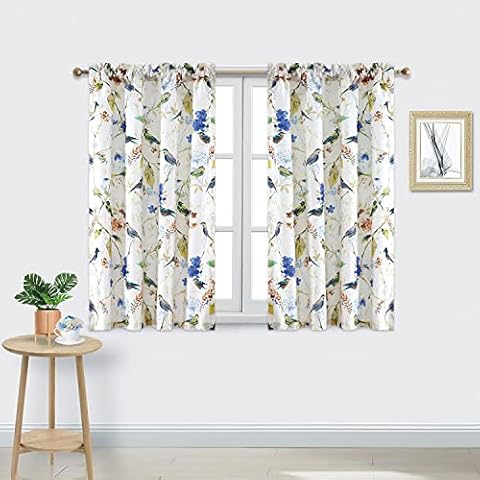 VOGOL Small Window Curtains, 45 Inch Length Decorative Drapes, 2 Panels Set Birds & Flowers Pattern Window Treatment for Kitchen Balcony, Rod Pocket, 42x45, Blue Cover