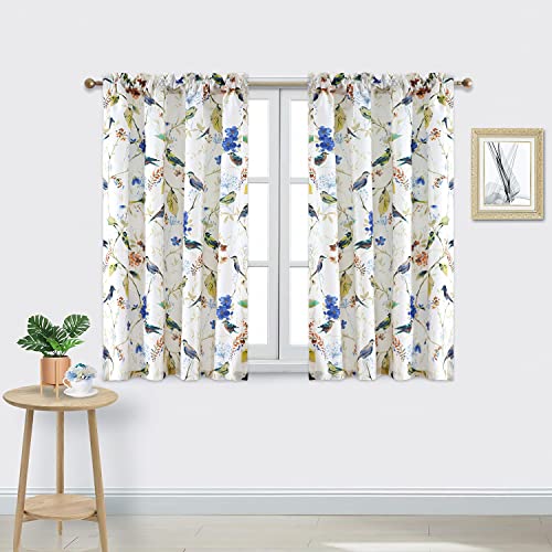 Vogol Small Window Curtains, 45 Inch Length Decorative Drapes, 2 Panels Set Birds & Flowers Pattern Window Treatment For Kitchen Home Office Balcony, Hang In Rod Pocket, 42X45, Blue #TOP11