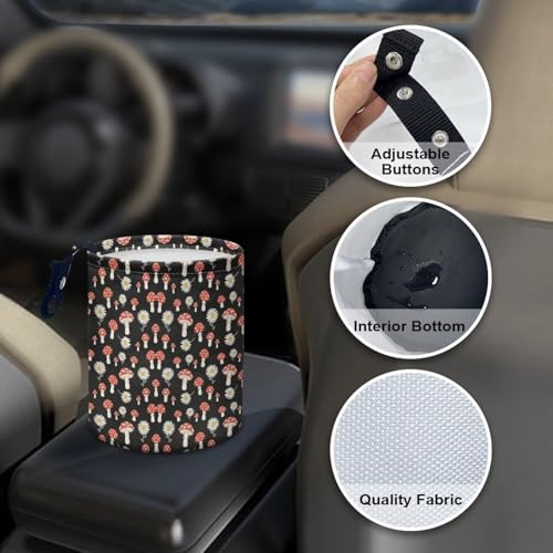 Image of Mushroom Daisy Printed Car Waste Basket Can Universal Waste Basket Bin Waste Auto Basket Can with Adjustable Strap Hanging for Office, Kitchern
