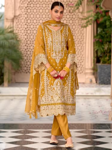Image of INDO ERA Women's Straight Organza Ethnic Motifs Embroidered Kurta & Pant With Dupatta Set (KH9YL10613)