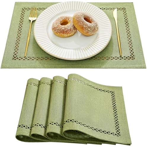 Aoztio Manteles Individuales Estilo Lino Casa Rústica, Juego de 4 Mantelitos 30 x 45 cm, Diseño Geométrico con Agujeros en Look Lino, Lavables para Comidas, Fiestas y Uso Diario - Verde Salvia