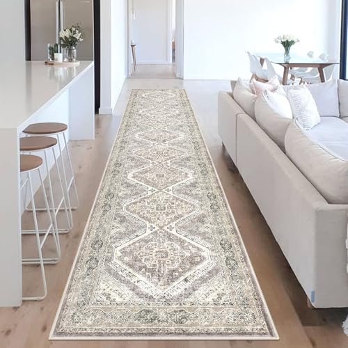 KUTA Oriental Medallion Washable Runner Rug 2.6x14 Ivory Grey Yellow, Non-Slip Hallway Kitchen Rugs with Rubber Backing, Ultra Soft Printed Distressed Farmhouse Long 14ft Runners for Bedroom