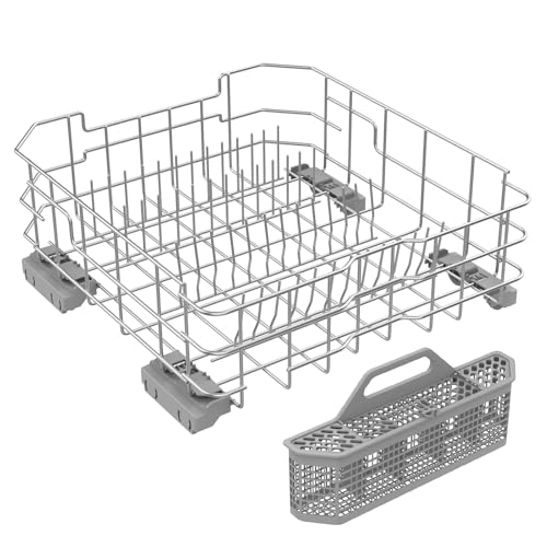UPGRADED WD28X26099 Dishwasher Lower Rack Compatible with GE Dishwasher Rack Replacement Parts with Wheel,WD28X26099 WD28X34744 304 Stainless Steel GE Dishwasher Lower Rack Part and Silverware Basket