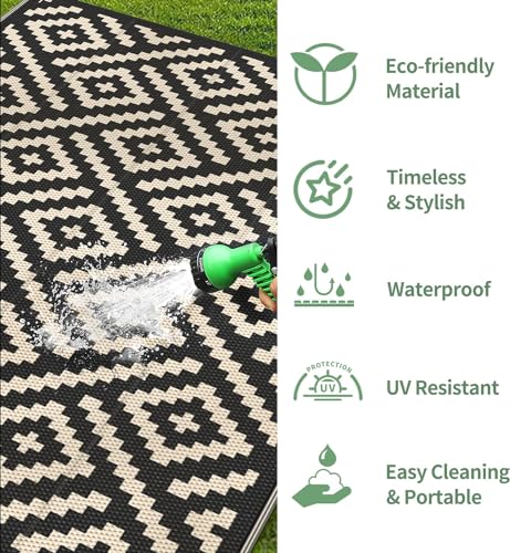 Image of GENIMO Outdoor Rug, Waterproof Plastic Rugs 10'x14' for Camping Black Beige | Outside Larger Modern Carpet Mat for Patio Decor, RV, Porch, Camper, Deck, Picnic, Beach, Backyard, Reversible, Foldable