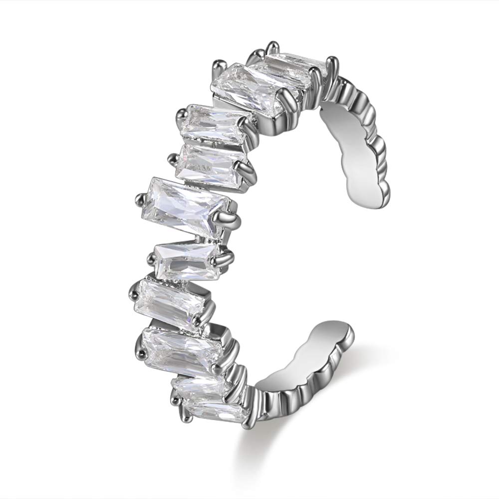 Bamos14K White Gold Plated Cubic Zirconia Rings, Adjustable Ring Open Ring for Women Teens Girls, Eternity Ring with Baguette CZ Stones Adjustable for 5-10 Size