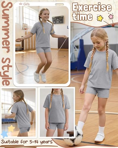 Image of Oakgarden Girls 2 Piece Outfits School Clothes | Back to School, Travel, Summer, Casual Sets, Athletic, Short Sleeve Top, Bike Shorts, Tween, Trendy, Matching Clothing, 5-14Y