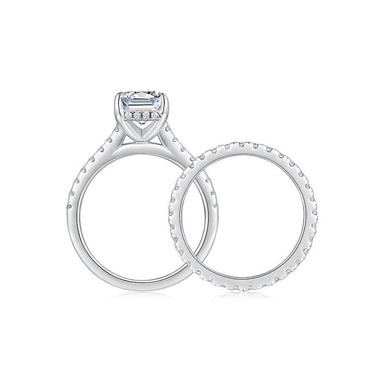 Srebrne pierścionki dla kobiet, moda, boho pierścionki 2 pierścionki zestaw z prostokątnym moissanitem 7 x 12 mm, 14-karatowe białe złoto, rozmiar N 1/2