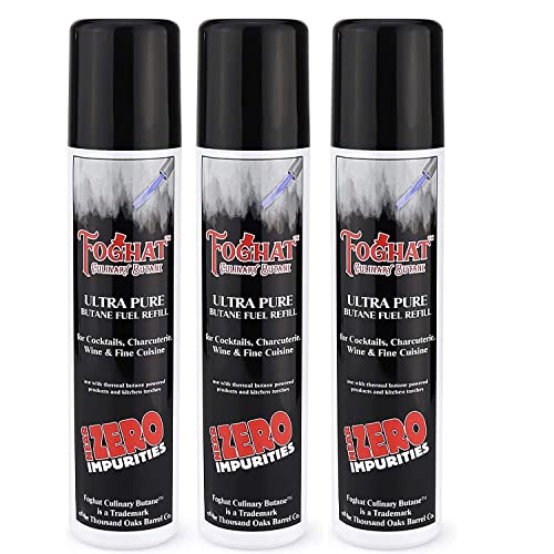 Foghat Culinary Butane Fuel Refill (3 x 60ml) - Torch Lighter Butane Refill Canister, Fits All Kitchen Smoking Torches - Food Grade Ultra Refined For Cocktail Smoker Kit, Creme Brulee Torch