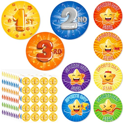 Tenare 300 Sports Day Stickers for Kids 240 Star Animal & 60 1st 2nd 3rd Participation Rosette Award Stickers for School PE for Events Competitions and Classroom Rewards(Stylish Style)