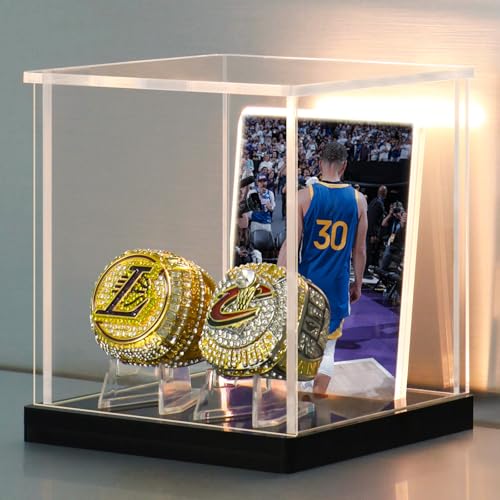 LANSCOERY Acrylic Championship Ring Display Case with LED Light, DustProof Display Box with Stand and Card Frame, Clear Memorabilia Box for Souvenir Ring