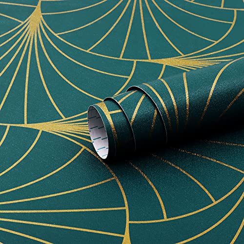Safiyya 118"X17.3" Wallpaper Gold And Teal Peel And Stick Wallpaper Geometric Stripe Contact Paper Self Adhesive Removable Wallpaper Modern Boho Contact Paper For Walls Covering Vinyl Rolls #TOP23