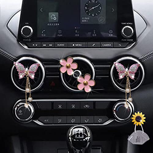 Image of Daisy & Butterfly Pandent 4 Pcs Bling Car Air Fresheners, Vents Clips with Diamond Decor & Sunflower Mask Hook