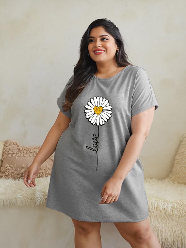 Image of Fflirtygo Women's Cotton Nighty | Printed Knee Length Nighty | Short Sleeve Nighty | Short Nightdress | Long T-Shirt | Regular Fit Night Gown | Nightwear | Sleepwear & Casual Wear Nighty