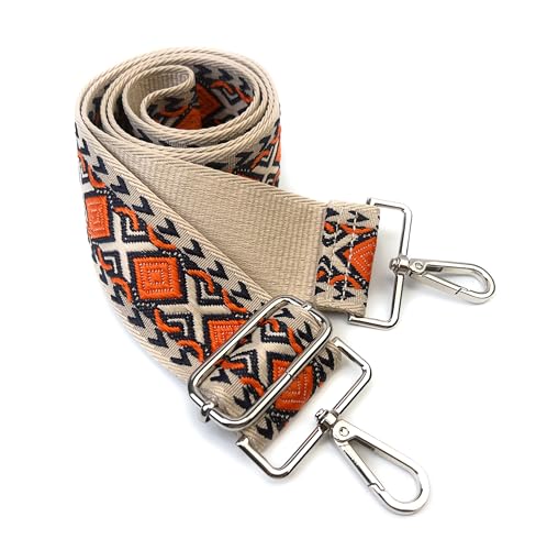 Image of Ivory Orange Boho Diamond Purse Strap with Silver Hardware 2 Inch Wide Replacement Crossbody Guitar Style Shoulder Strap for Handbags Totes