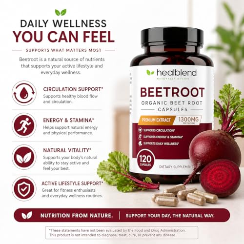 Image of Healbend Organic Beet Root Capsules 1300mg - Nitric Oxide Booster Beets Support Healthy Blood Pressure, Heart Health, Circulation Superfood - 120 Count