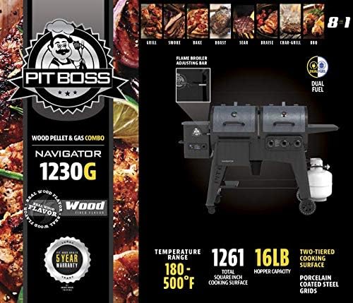 Pit Boss Navigator 1230G features graphic showing 8-in-1 cooking, temperature range, hopper capacity, and cooking grids.