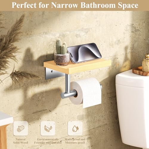 Image of Tindbea Toilet Paper Holder with Wood Shelf, Wooden Wall Mount Tissue Paper Roll Holder, Brushed Nickel Stainless Steel Bathroom Accessories Decor for Home (Maple, Brushed Nickel)