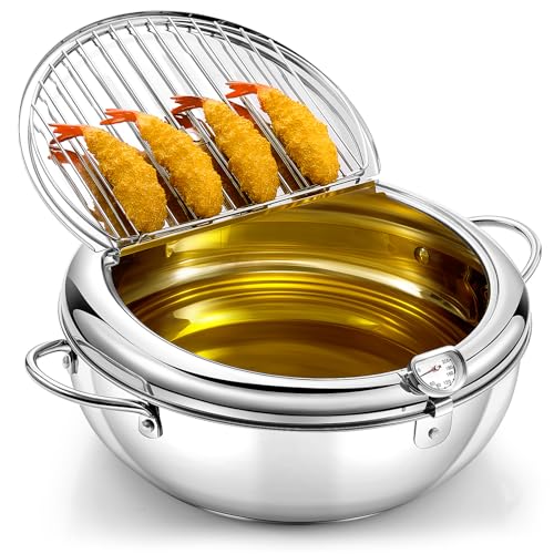 Reallnaive 4.4 Qt (4.2 L) Deep Fryer Pot 304 Stainless Steel Tempura Frying Pot with Lid and Oil Drain Rack Japanese Deep Fryer Pan with Temperature Control for Kitchen French Fries, Chicken