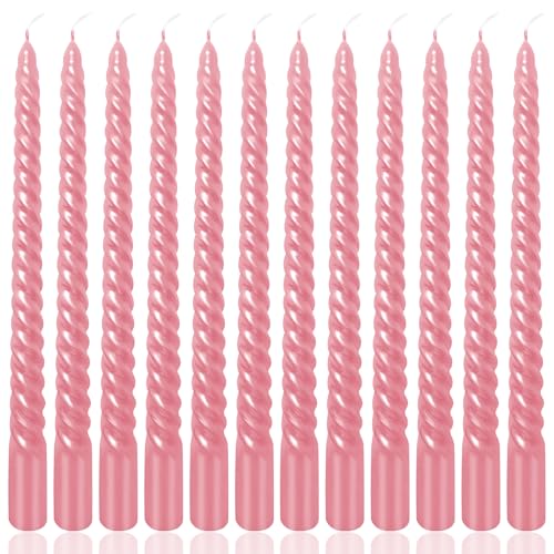 Peytanger 10 Inch Spiral Pink Taper Candles Set 12 Pack Unscented Candlesticks Dripelss Thin Candles Perfect for Wedding Dinner Holiday