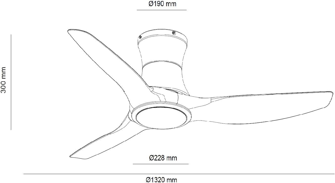 Technical drawing illustrating the dimensions of the TECHBREY Salamina Ceiling Fan