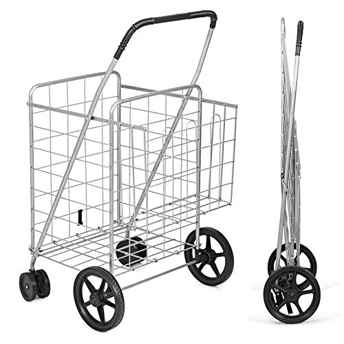 LIVIZA Jumbo Folding Shopping Cart with Dual Swivel Wheels for Groceries and Double Basket, Extra Large Utility Flat Deluxe Utility Cart Perfect for Grocery Laundry Book Luggage Travel (Silver)