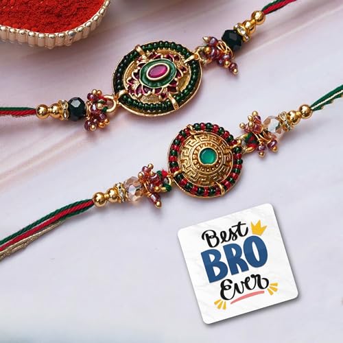 Image of eCraftIndia Set of 2 Beautiful Designer Rakhis, Best Bro Ever Fridge Magnet with Roli Chawal Pack - Rakhis for Brother, Bhabhi, Kids