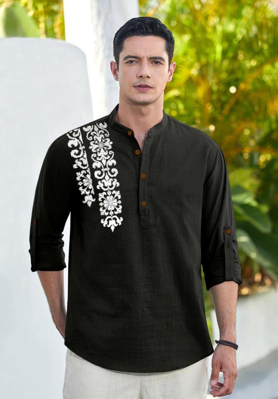 Image of Macsivo Cotton Blend Solid Casual Short Kurta for Men Long Sleeve Mandarin Collar Stylish Shirt Kurta for Men