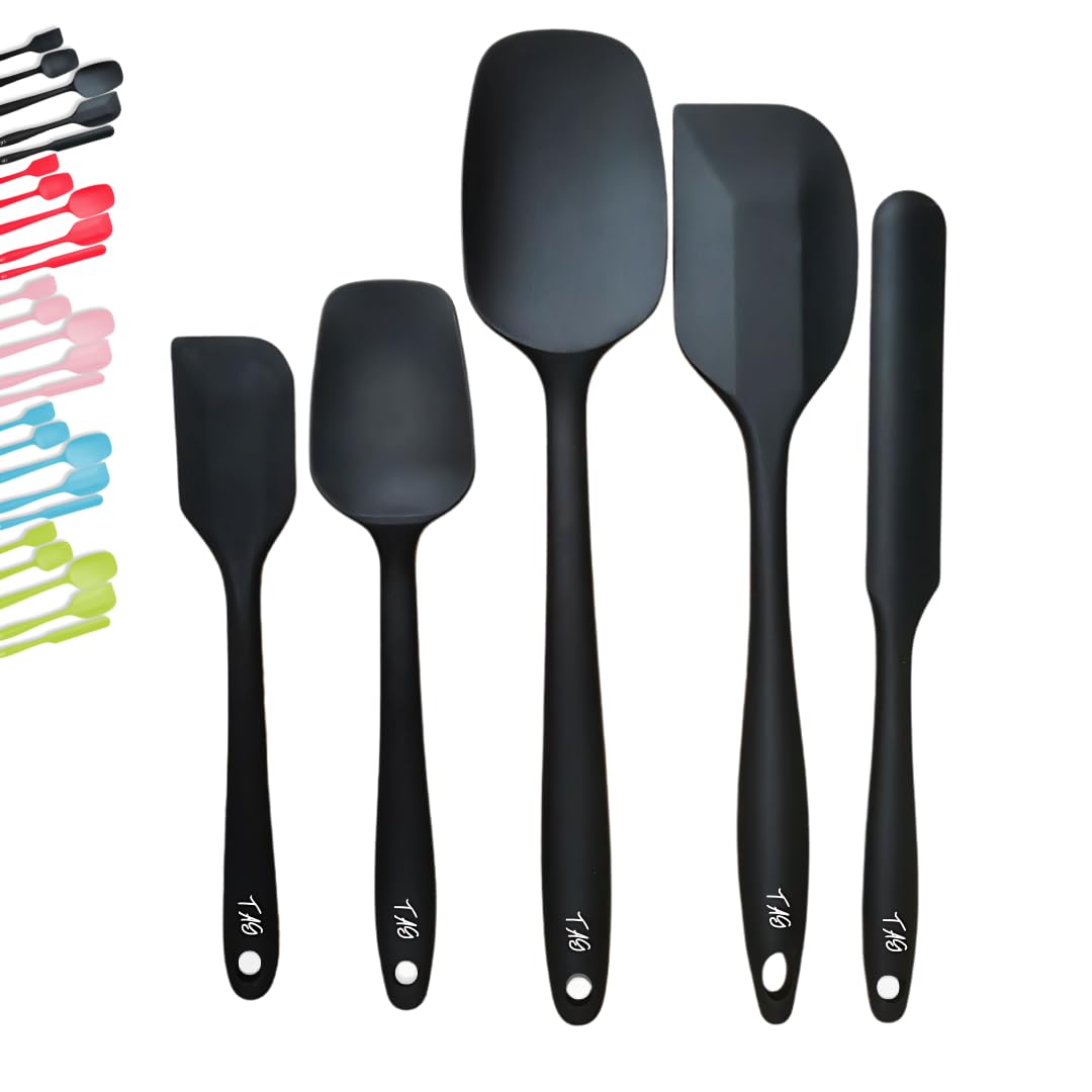 Juego de 5 espátulas de silicona, sin BPA, resistentes al calor hasta 231.1 °C, utensilios de cocina antiadherentes para hornear, cocinar y mezclar, aptos para lavavajillas (negro)