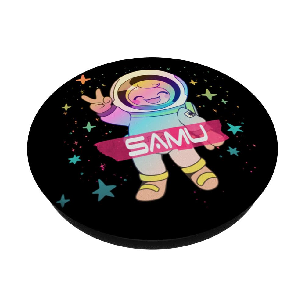 SAMU - Cute Boy Name with cute Astronaut PopSockets Swappable PopGrip, Black - Image 2