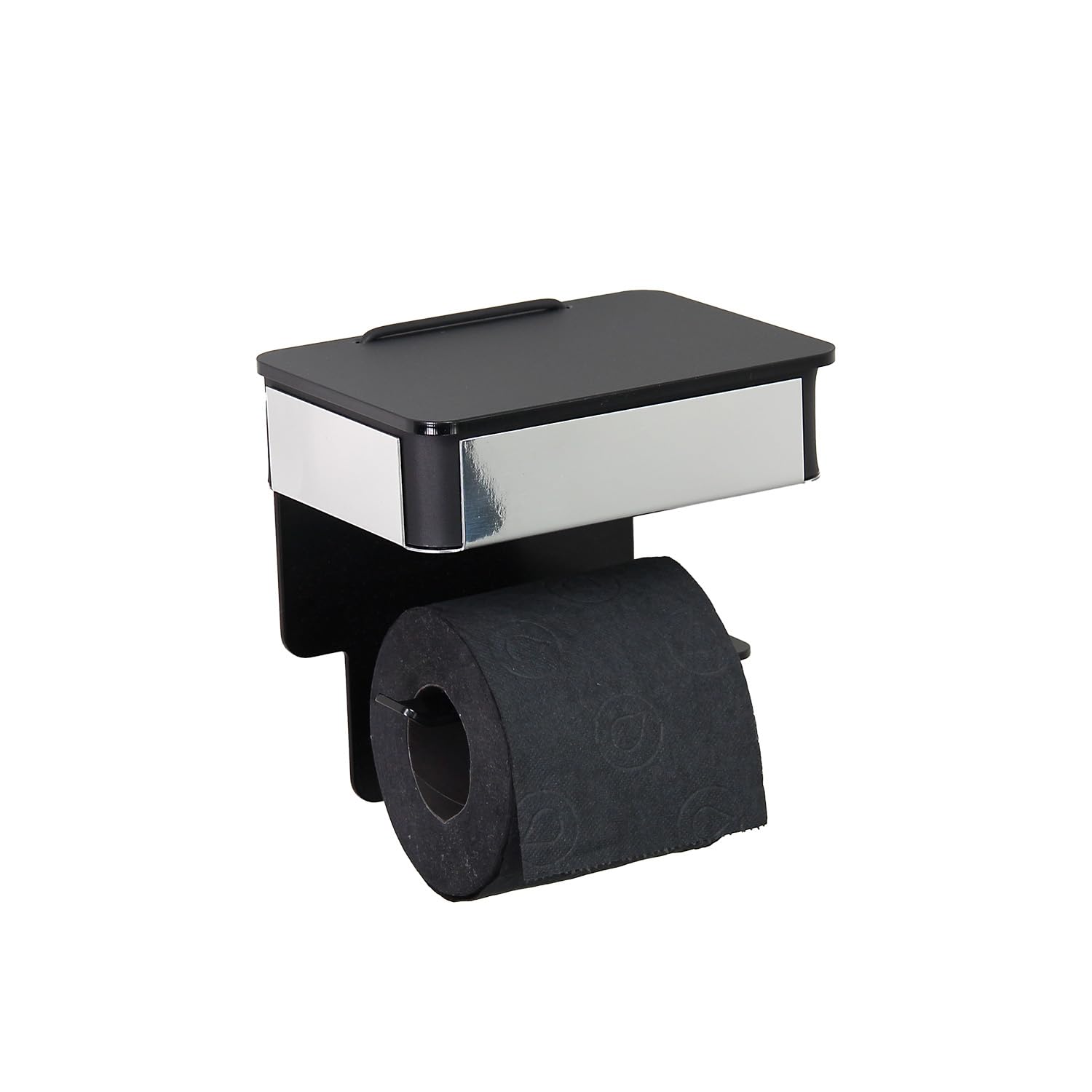 Toilettenpapierhalter mit Feuchttücherbox – 2-in-1 Wandhalterung mit Klebepads, hygienisch & bohrfrei, weiche Form (Schwarz/Edelstahl poliert, Rolle von Links befüllbar)