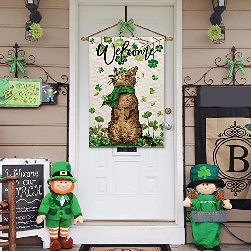 Avoin Colorlife St Patricks Day Welcome Cat House Flag 28 X 40 Inch Double Sided, Shamrock Lucky Clover Rustic Holiday Yard Outdoor Flag #TOP1