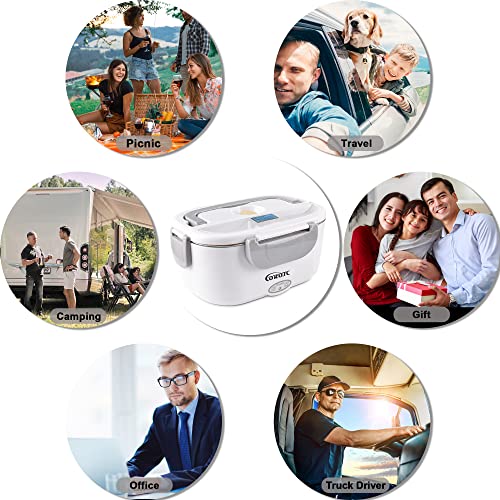 Corotc 60W Electric Lunch Box, 12V 24V 110V 3 In 1 Leak Proof Heated Lunch Box, Portable Microwave For Car Office, 304 Stainless Steel Electric Lunch Box Food Heater With Lunch Bag, Gray #TOP4