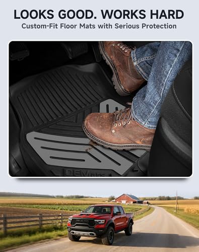 Image of Premium Color TPE Floor Mats for Ram 1500 Crew Cab 2019-2024 | Bucket Seats | All-Weather Custom Fit Floor Liners Full Set | Titan Gray Wing Design | No Rear Under-Seat Storage (Not Classic)