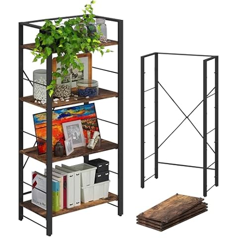 4NM Bookshelf 4 Tier Industrial Bookcase Home Office Adjustable Bookshelves Storage Shelves Organizer Vintage Book Shelf Display Rack for Living Room, Bedroom,Home - Rustic Brown Cover