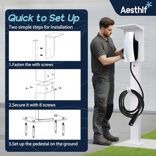 Image of Outdoor EV Charger Pedestal for Tesla & J1772 Charger with Roof | Heavy-Duty Rugged Stand, Anti-wobble Stable Base, Anti-Rust Finish, Handy Organizer Keeps Cable Tidy, Rain & Leaf Protection