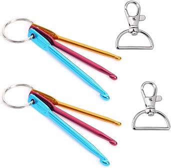 lasenersm 2 Set Mini Keychain Aluminum Crochet Hooks Knitting Needles with 2 Pieces Metal Swivel D Ring Lobster Claw Clasps Mini Crochet Hooks with Keychain for DIY Weave Yarn 3 Sizes 3mm, 4mm, 5mm