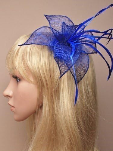 fascinator royal blueHair Fascinator in Royal Blue sinamay pointed petals and feathers mounted on a clip suitable for weddings, races, prom