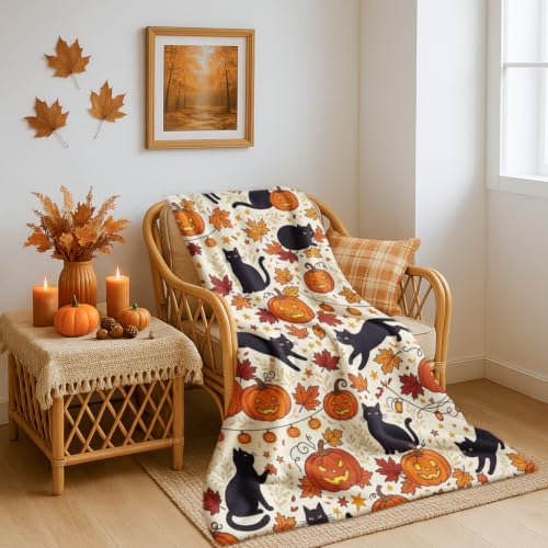 Jeté de lit en polaire plaid citrouilles Halloween couverture canapé chat orange 152x203cm - 6