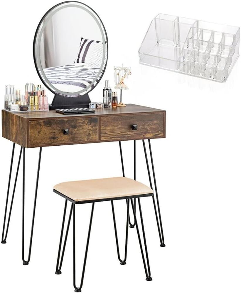 Dresser with 3 Lighting Modes Mirror Touch Switch Antique Dressing Table Bedroom Furniture